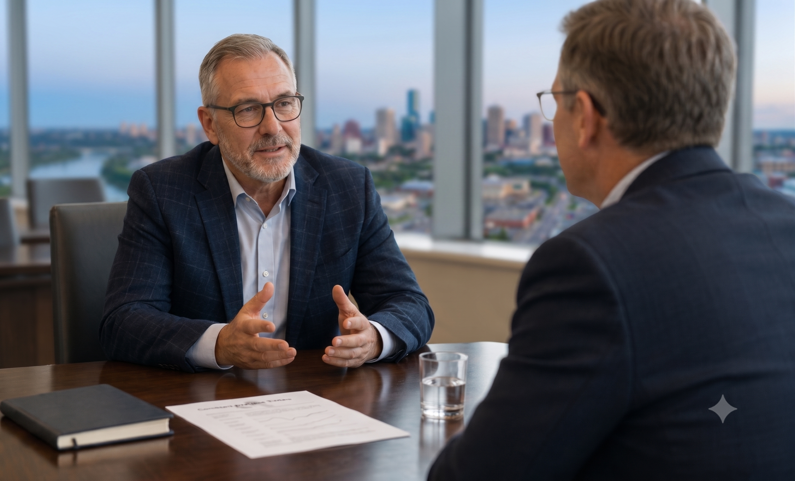 An OT Solutions consultant discussing workforce systems with a client across a boardroom table.