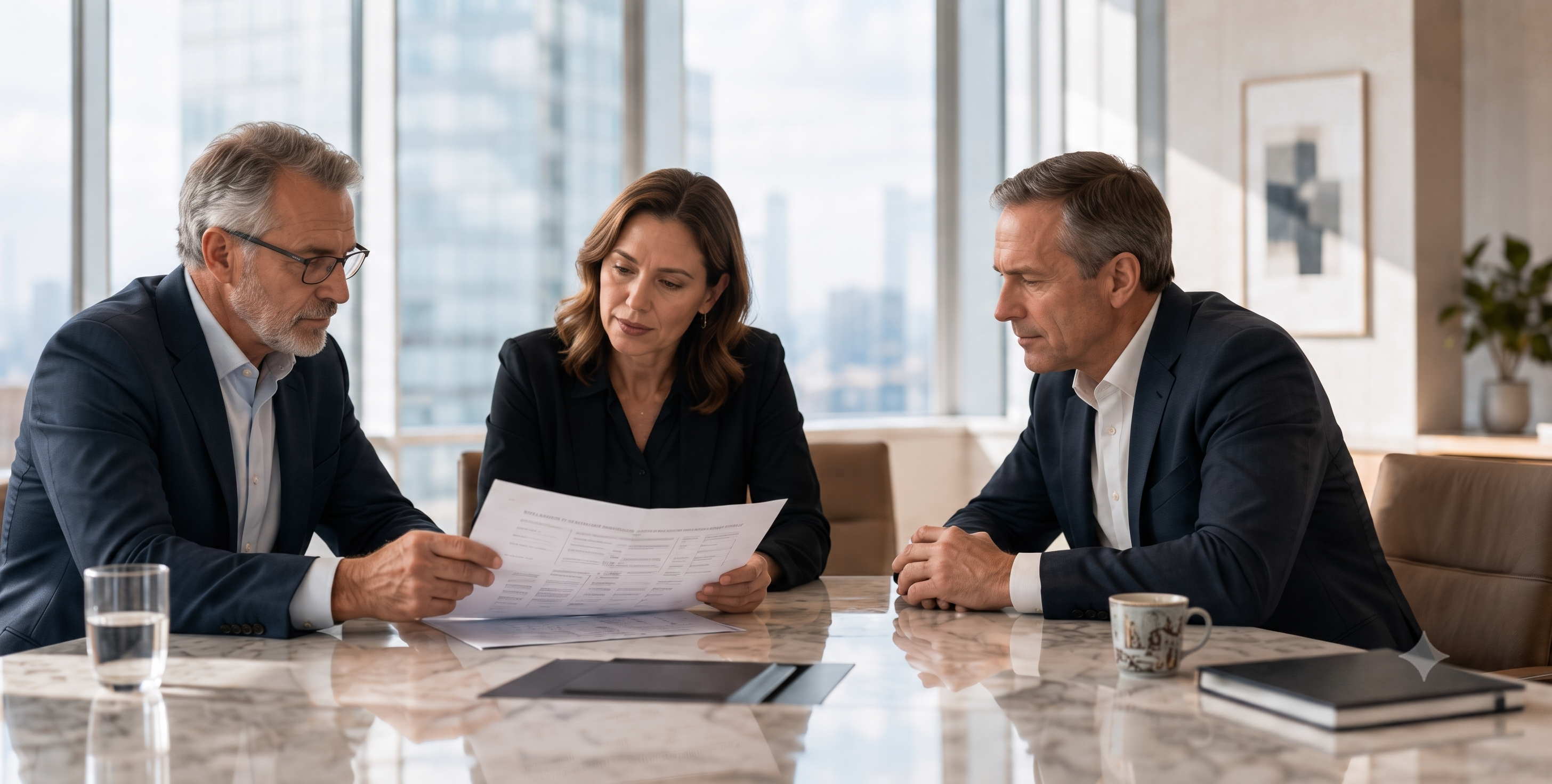 Senior OT Solutions consultants reviewing workforce reporting together at a boardroom table.