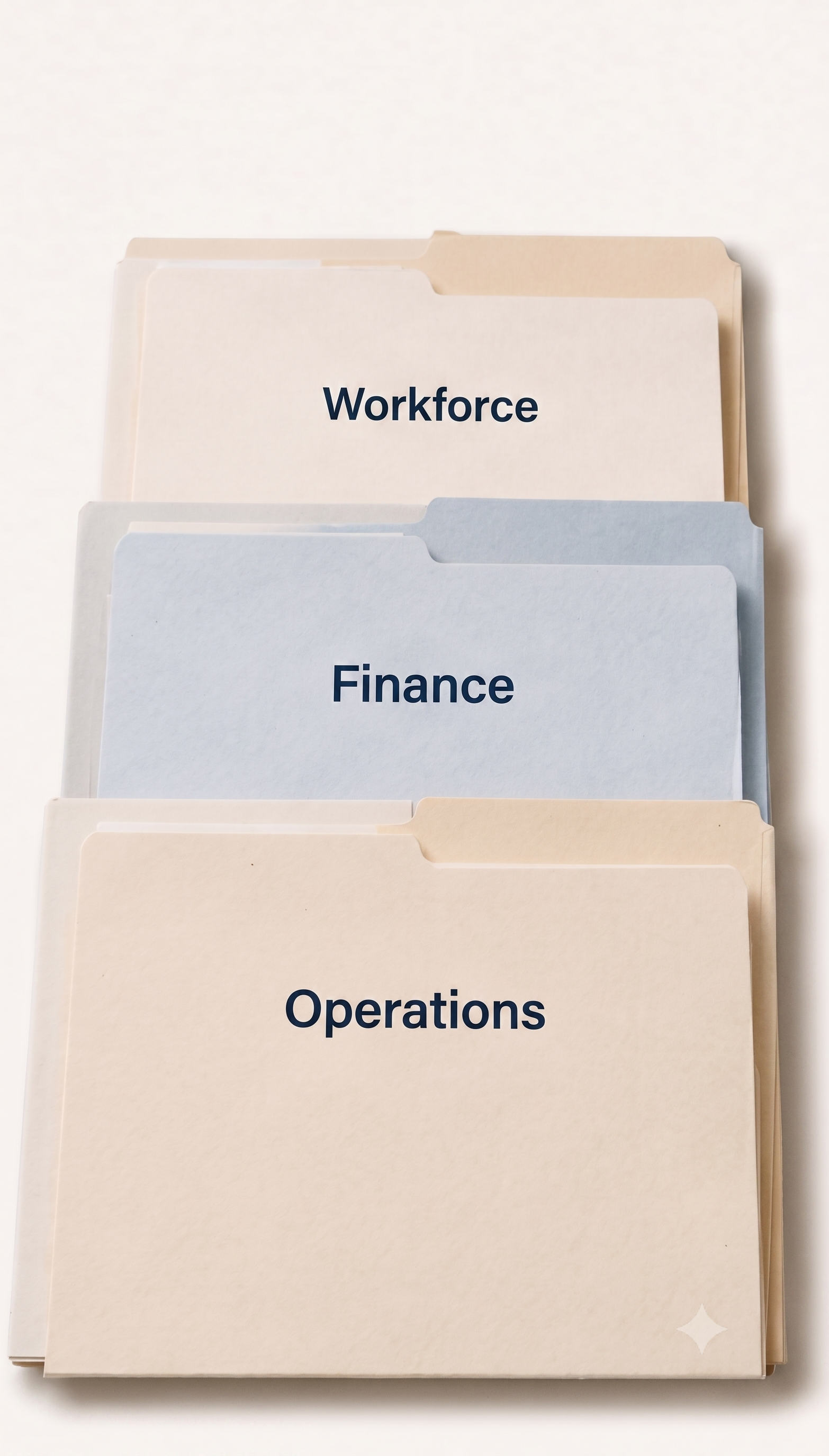 File folders labelled Workforce, Finance and Operations, kept separately.