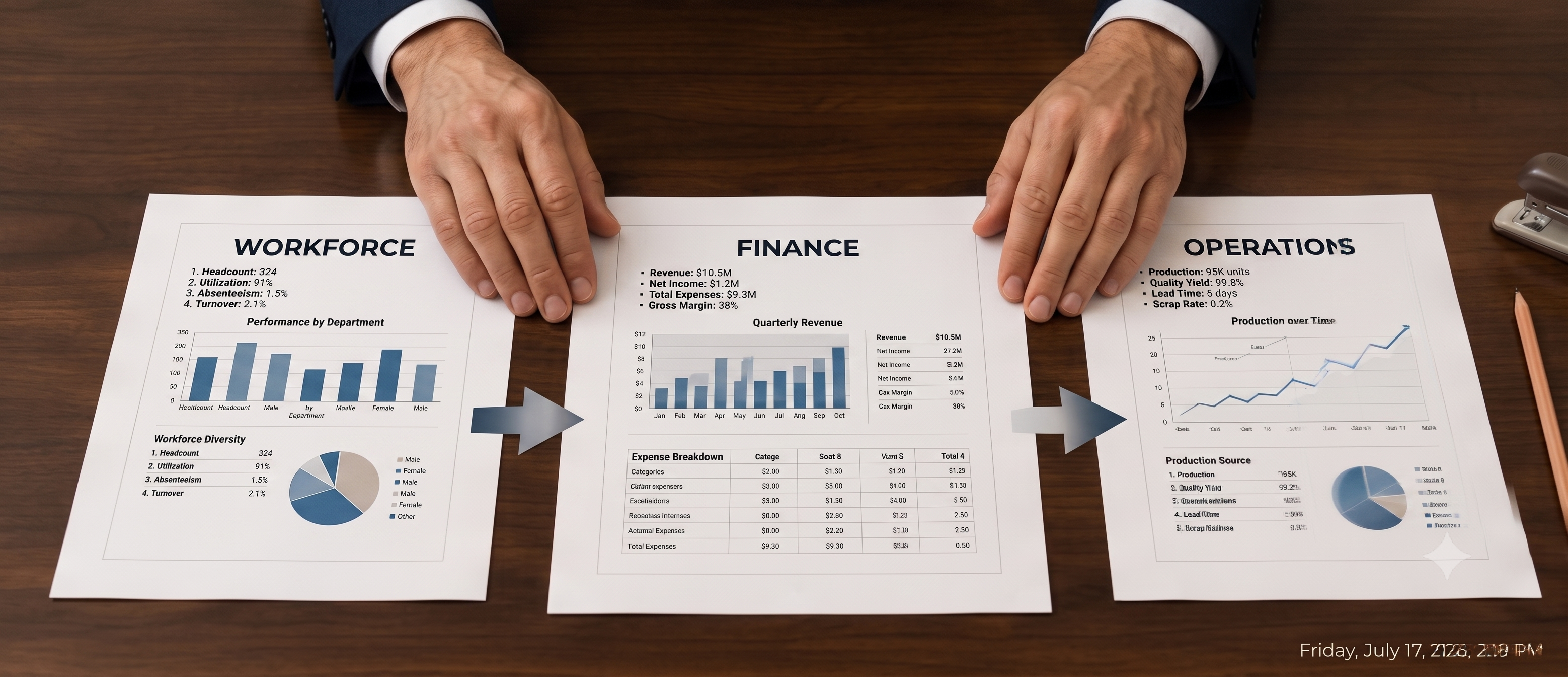 Workforce, finance and operations reports being aligned side by side.