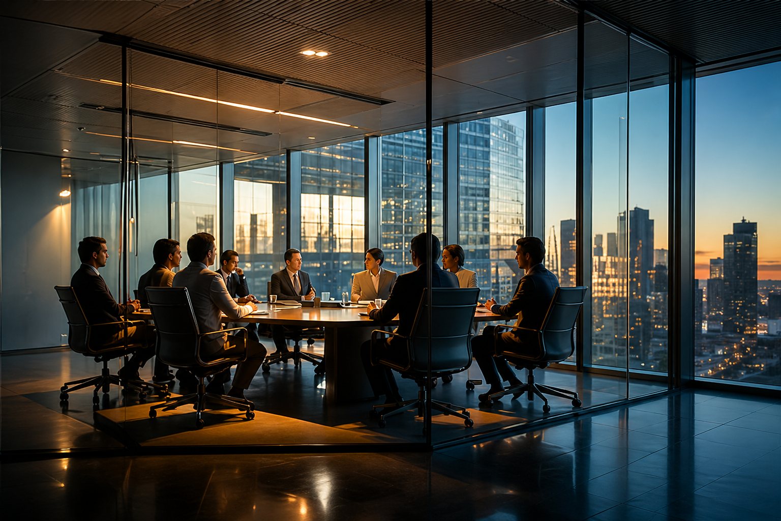 OT Solutions team meeting in a glass-walled boardroom overlooking the city